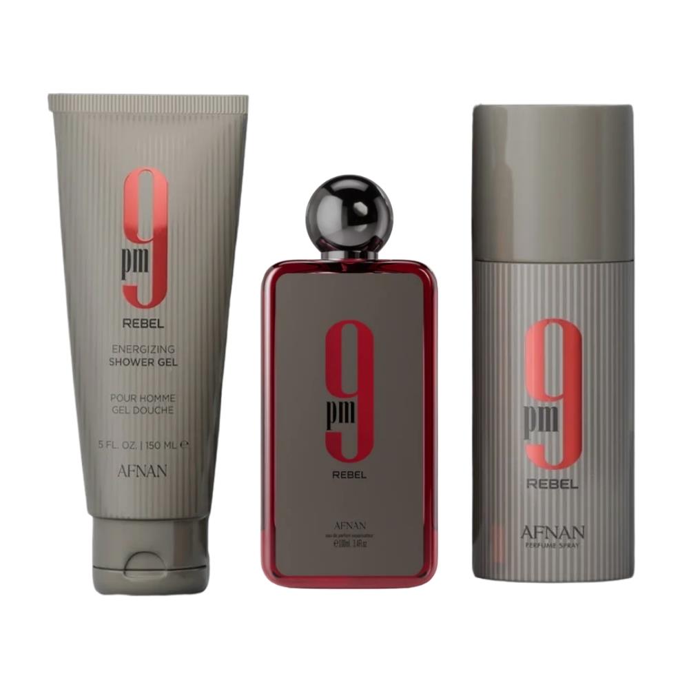 Afnan 9 PM Rebel EDP 100 ml + Deospray 150 ml + Shower Gel 150 ml Unisex Parfüm Seti