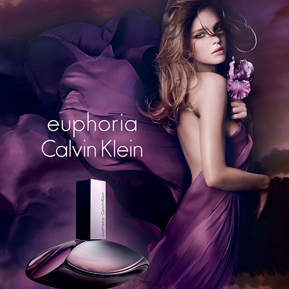 Calvin Klein Euphoria EDP kadın parfüm şişesi ve mor tonlarda kampanya görseli
