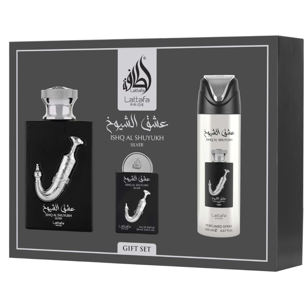 Lattafa Ishq Al Shuyukh SilverEDP 100 ml + EDP 20 ml + Deodorant 200 ml Erkek Parfüm Seti