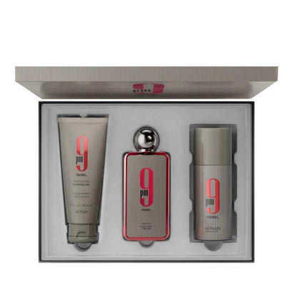Afnan 9 PM Rebel EDP 100 ml + Deospray 150 ml + Shower Gel 150 ml Unisex Parfüm Seti
