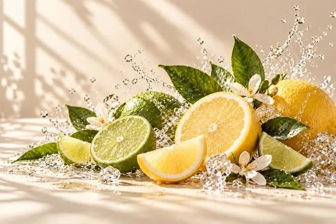 Limon, lime ve su damlalarıyla fresh dekant parfüm koku ailesi