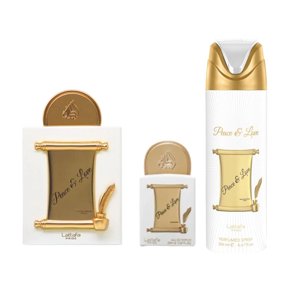 Lattafa Pride Peace &amp; Love EDP 100ml + 20 ml + 200 ml Deospray Unisex Parfüm Seti