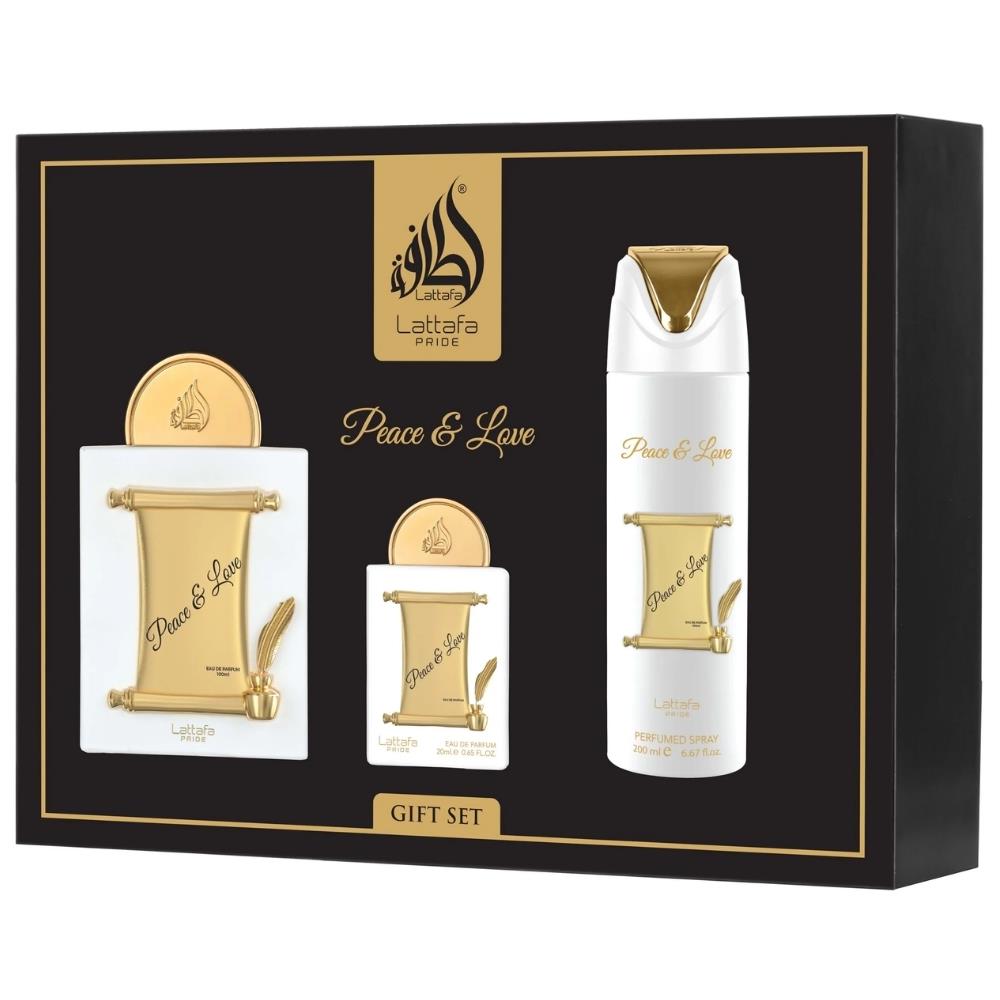 Lattafa Pride Peace &amp; Love EDP 100ml + 20 ml + 200 ml Deospray Unisex Parfüm Seti