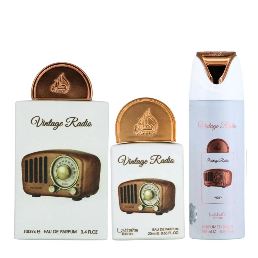 Lattafa Pride Vintage Radio EDP 100 ml + EDP 20ml + 200 ml Body Shower Unisex Parfüm Seti